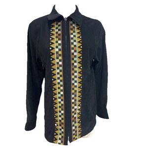 Bob Mackie Wearable Art Black Faux Suede Southwest Horse Embroidery Full Zip